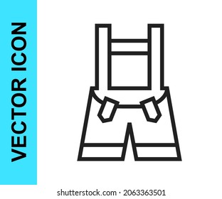 Black line Lederhosen icon isolated on white background. Traditional bavarian clothing. Oktoberfest outfit. Pants with suspenders. Patrick day.  Vector