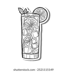 Black line Lemon Ice Tea with Leaves on white silhouette and gray shadow. Hand drawn cartoon style. illustration for decorate and any design.
