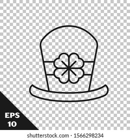 Black line Leprechaun hat and four leaf clover icon isolated on transparent background. Happy Saint Patricks day.  Vector Illustration