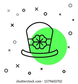 Black line Leprechaun hat and four leaf clover icon isolated on white background. Happy Saint Patricks day.  Vector Illustration