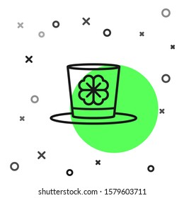 Black line Leprechaun hat and four leaf clover icon isolated on white background. Happy Saint Patricks day.  Vector Illustration