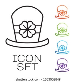 Black line Leprechaun hat and four leaf clover icon isolated on white background. Happy Saint Patricks day. Set icons colorful. Vector Illustration