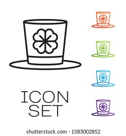 Black line Leprechaun hat and four leaf clover icon isolated on white background. Happy Saint Patricks day. Set icons colorful. Vector Illustration