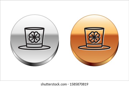 Black line Leprechaun hat and four leaf clover icon isolated on white background. Happy Saint Patricks day. Silver-gold circle button. Vector Illustration
