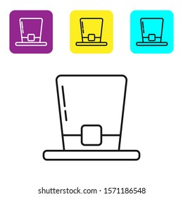 Black line Leprechaun hat icon isolated on white background. Happy Saint Patricks day. Set icons colorful square buttons. Vector Illustration