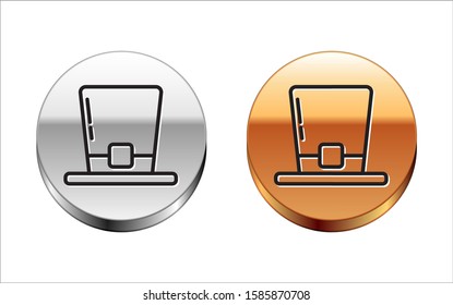 Black line Leprechaun hat icon isolated on white background. Happy Saint Patricks day. Silver-gold circle button. Vector Illustration