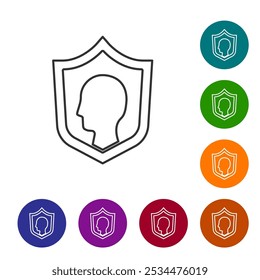 Black line Life insurance with shield icon isolated on white background. Security, safety, protection, protect concept. Set icons in color circle buttons. Vector