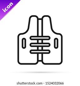Black line Life jacket icon isolated on white background. Life vest icon. Extreme sport. Sport equipment.  Vector Illustration