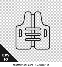 Black line Life jacket icon isolated on transparent background. Life vest icon. Extreme sport. Sport equipment.  Vector Illustration