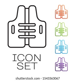 Black line Life jacket icon isolated on white background. Life vest icon. Extreme sport. Sport equipment. Set icons colorful. Vector Illustration