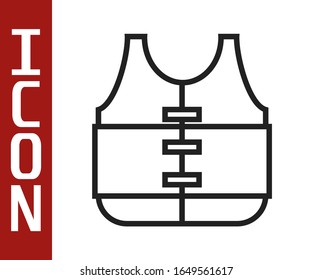 Black line Life jacket icon isolated on white background. Life vest icon. Extreme sport. Sport equipment.  Vector Illustration