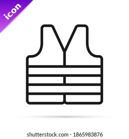 Black line Life jacket icon isolated on white background. Life vest icon. Extreme sport. Sport equipment.  Vector