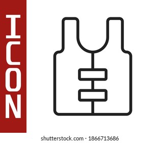 Black line Life jacket icon isolated on white background. Life vest icon. Extreme sport. Sport equipment.  Vector