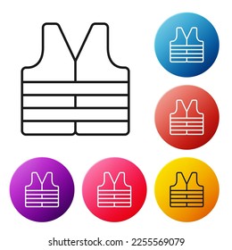 Black line Life jacket icon isolated on white background. Life vest icon. Extreme sport. Sport equipment. Set icons colorful circle buttons. Vector