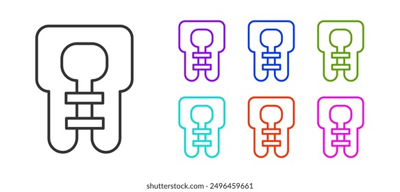 Black line Life jacket icon isolated on white background. Life vest icon. Extreme sport. Sport equipment. Set icons colorful. Vector