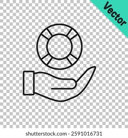 Black line Lifebuoy in hand icon isolated on transparent background. Lifebelt symbol.  Vector