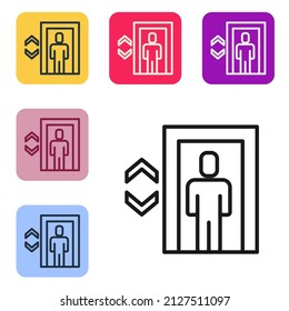 Black line Lift icon isolated on white background. Elevator symbol. Set icons in color square buttons. Vector