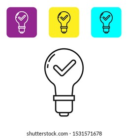 Black line Light bulb and check mark icon isolated on white background. Concept of idea. Set icons colorful square buttons. Vector Illustration