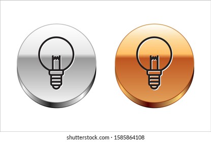 Black line Light bulb with concept of idea icon isolated on white background. Energy and idea symbol. Inspiration concept. Silver-gold circle button. Vector Illustration
