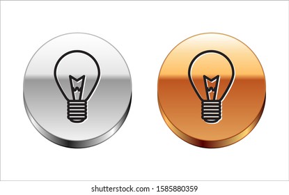Black line Light bulb with concept of idea icon isolated on white background. Energy and idea symbol. Inspiration concept. Silver-gold circle button. Vector Illustration