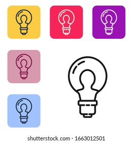 Black line Light bulb with concept of idea icon isolated on white background. Energy and idea symbol. Inspiration concept. Set icons in color square buttons. Vector Illustration