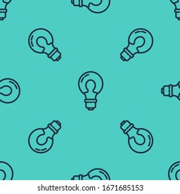Black line Light bulb with concept of idea icon isolated seamless pattern on green background. Energy and idea symbol. Inspiration concept.  Vector Illustration