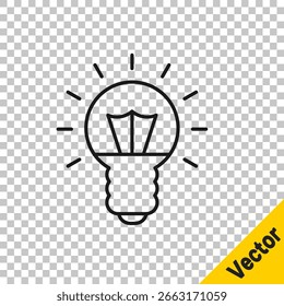 Black line Light bulb with concept of idea icon isolated on transparent background. Energy and idea symbol. Inspiration concept.  Vector