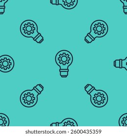 Black line Light bulb and gear icon isolated seamless pattern on green background. Innovation concept. Business idea.  Vector Illustration