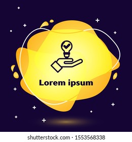 Black line Light bulb in hand icon isolated on dark blue background. Concept of idea. Abstract banner with liquid shapes. Vector Illustration