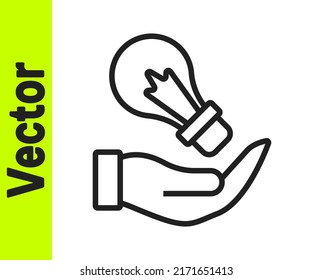 Lámpara de luz de línea negra en mano con el concepto de icono de idea aislado en fondo blanco. Símbolo de energía e ideas. Concepto de inspiración.  Vector