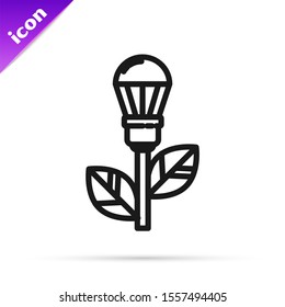 Black line Light bulb with leaf icon isolated on white background. Eco energy concept. Alternative energy concept.  Vector Illustration