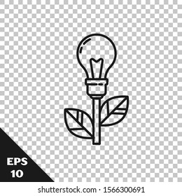 Black line Light bulb with leaf icon isolated on transparent background. Eco energy concept. Alternative energy concept.  Vector Illustration