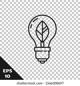 Black line Light bulb with leaf icon isolated on transparent background. Eco energy concept. Alternative energy concept.  Vector Illustration