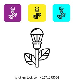 Black line Light bulb with leaf icon isolated on white background. Eco energy concept. Alternative energy concept. Set icons colorful square buttons. Vector Illustration