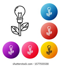 Black line Light bulb with leaf icon isolated on white background. Eco energy concept. Alternative energy concept. Set icons colorful circle buttons. Vector Illustration