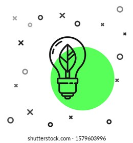 Black line Light bulb with leaf icon isolated on white background. Eco energy concept. Alternative energy concept.  Vector Illustration