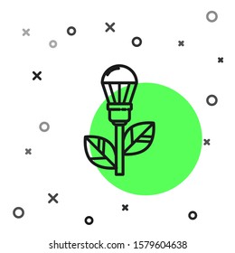 Black line Light bulb with leaf icon isolated on white background. Eco energy concept. Alternative energy concept.  Vector Illustration