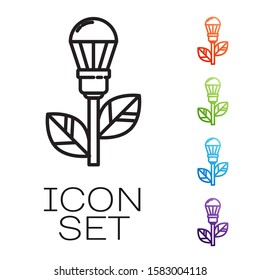 Black line Light bulb with leaf icon isolated on white background. Eco energy concept. Alternative energy concept. Set icons colorful. Vector Illustration