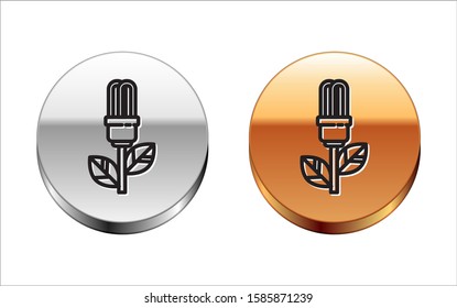 Black line Light bulb with leaf icon isolated on white background. Eco energy concept. Alternative energy concept. Silver-gold circle button. Vector Illustration