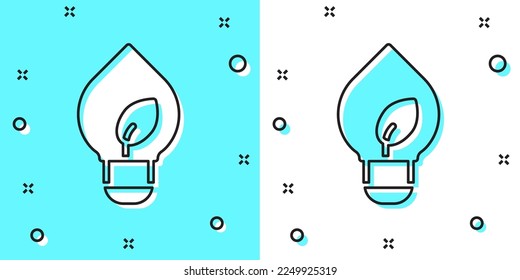Schwarze Linie Glühbirne mit Blattsymbol einzeln auf grünem und weißem Hintergrund. Ökoenergiekonzept Alternatives Energiekonzept. Zufällige dynamische Formen. Vektorgrafik