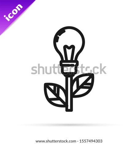 Black line Light bulb with leaf icon isolated on white background. Eco energy concept. Alternative energy concept.  Vector Illustration