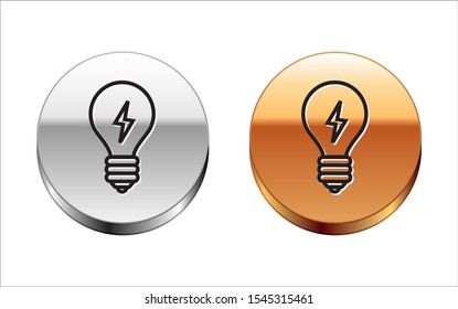 Black line Light bulb with lightning symbol icon isolated on white background. Light lamp sign. Idea symbol. Silver-gold circle button. Vector Illustration