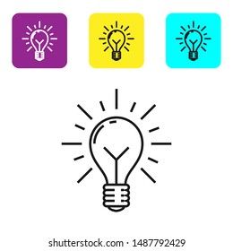 Black line Light bulb with rays shine and concept of idea icon isolated on white background. Energy and idea symbol. Inspiration concept. Set icons colorful square buttons. Vector Illustration