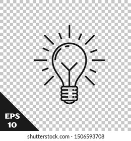 Black line Light bulb with rays shine and concept of idea icon isolated on transparent background. Energy and idea symbol. Inspiration concept.  Vector Illustration