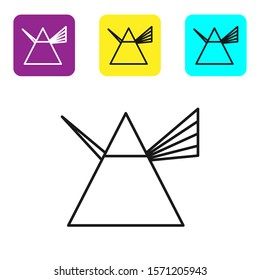 Black line Light rays in prism icon isolated on white background. Ray rainbow spectrum dispersion optical effect in glass prism. Set icons colorful square buttons. Vector Illustration
