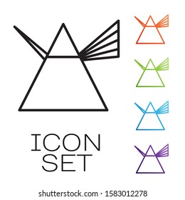 Black line Light rays in prism icon isolated on white background. Ray rainbow spectrum dispersion optical effect in glass prism. Set icons colorful. Vector Illustration