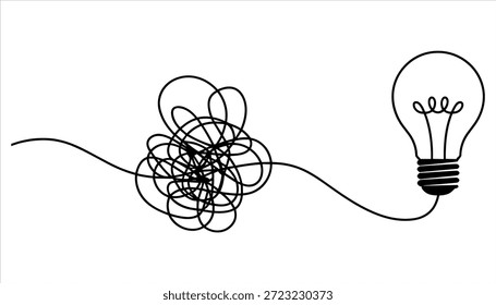 Black line of a lightbulb connected to a tangle of wires black line lightbulb electricity concept