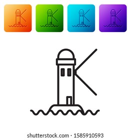 Black line Lighthouse icon isolated on white background. Set icons in color square buttons. Vector Illustration
