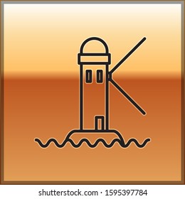 Black line Lighthouse icon isolated on gold background.  Vector Illustration
