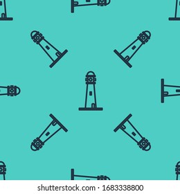 Black line Lighthouse icon isolated seamless pattern on green background.  Vector Illustration